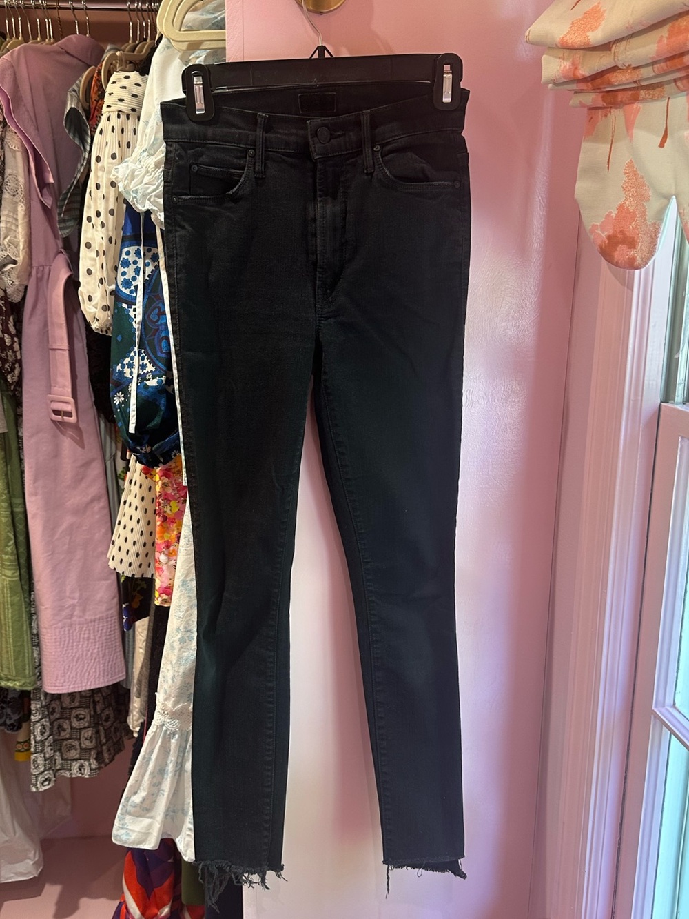 MOTHER Black High-Rise Skinny Jeans with Raw Hem